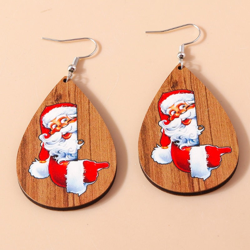 Wholesale Christmas Cartoon Santa Claus Drop Shape Wooden Earrings